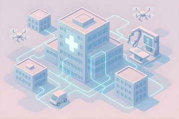Fototapeta premium Isometric smart hospital network with glowing links connecting clinics, delivery drones, a robotic telemedicine unit and an autonomous van, symbolizing digital healthcare, logistics and IoT.