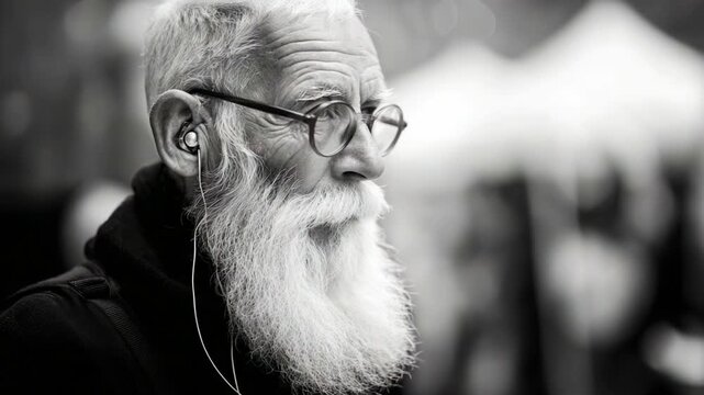 An elderly man with a distinguished white beard and round glasses listens intently with earbuds in a contemplative moment, showcasing wisdom and experience in a timeless black-and-white portrait.