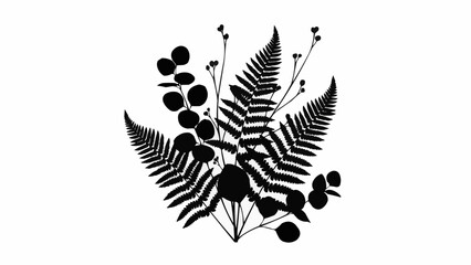 Black silhouette of a fern and berry branch arrangement. © Ewing
