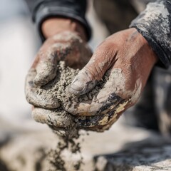 Construction worker handling fresh concrete mixture in hands at a building site