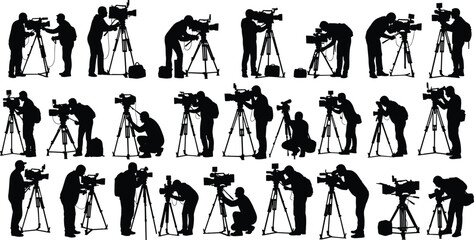 PrintVideographer silhouette collection illustration, camera operator filming vector graphic, tripod shooting design outline icon, professional recording sketch art, cinematic production lifestyle set © Creatives World