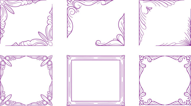 Six decorative purple frame corners and full frames with intricate floral on white background