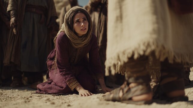 Interaction between Jesus and a woman in a desert setting during a biblical event in ancient times