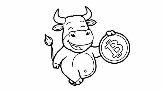 Playful cartoon bull holding a Bitcoin coin in a friendly pose.
