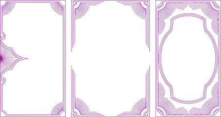 Three decorative frames with intricate purple patterns on white background