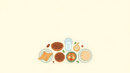 A diverse flat lay illustration of traditional food dishes and a refreshing drink, symbolizing a communal meal, cultural celebration, or rich culinary experience