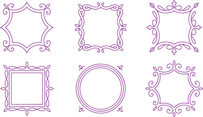 Six decorative purple frames with floral and swirl patterns on white background