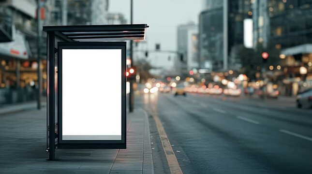 Blank advertising billboard at a modern urban bus stop on a blurred city street at dusk