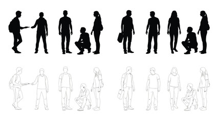 Silhouettes of people in various poses with corresponding line art representations