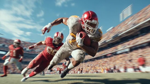 American football player running with ball during intense match on packed stadium field showcasing power speed competition teamwork and professional sports atmosphere with motion blur and dramatic act