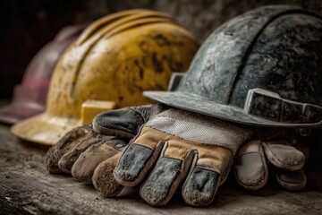 Close-up of worn safety helmets and work gloves on rustic wooden surface at a construction site