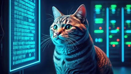 Abstract Pixel Art of a Domestic Shorthair Pondering Binary Code