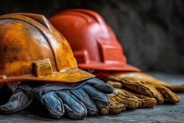 Close-up of worn construction helmets and gloves on a textured surface highlighting safety equipment