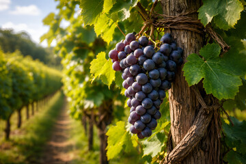 Fresh purple grapes hanging on vine in sunny vineyard plantation for wine production and agriculture
