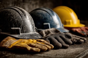 Various construction helmets and gloves arranged on a workbench showcasing tools for safety