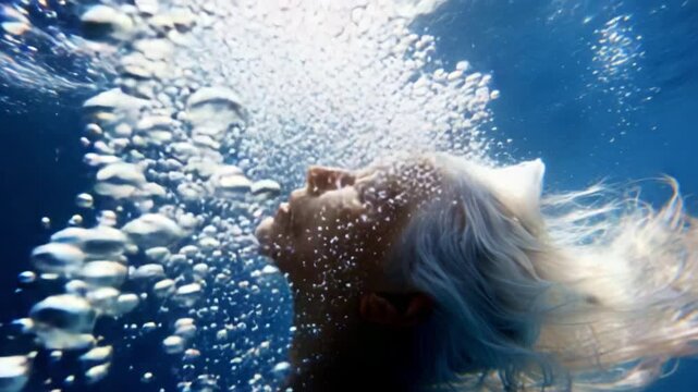 Captivating Underwater Serenity: A Tranquil Moment of a Woman Swimming Beneath the Surface, Surrounded by Bubbles and Light, Evoking a Sense of Peace and Freedom in the Depths of the Ocean