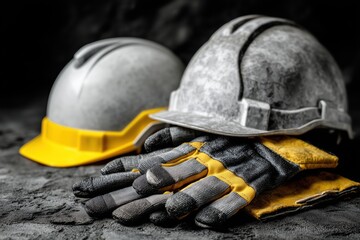 Safety gear including construction helmets and gloves arranged on a rugged surface