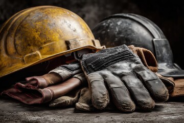 Construction safety gear including yellow and black helmets and various work gloves on dark surface