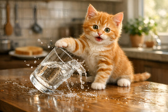 Playful ginger kitten spilling glass of water on kitchen counter making a splash and being mischievous