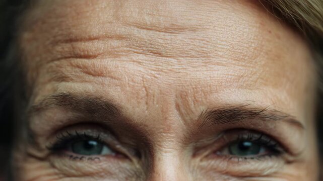 Close up of mature woman eyes and forehead showing natural wrinkles skin texture and aging process representing beauty authenticity time passing skincare concept realistic human portrait 