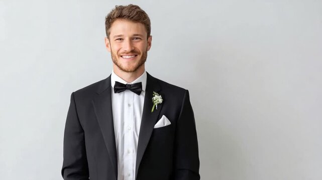 Groom's Elegant Presence: A handsome groom, impeccably dressed in a classic tuxedo, radiates joy and anticipation, ready to begin a new chapter. Capturing elegance and excitement.