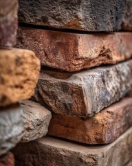 Close-up of textured bricks stacked in various shades on a construction site