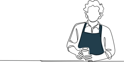 A simple line art vector of a skilled barista wearing an apron and holding a hot beverage cup, ideal for cafe branding and service industry concepts