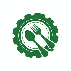 vector of a contemporary culinary concept logo, blending a gear with a spoon and fork, representing efficiency and modern food services