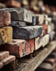 Close-up of assorted vintage bricks stacked on wooden shelf in rustic environment