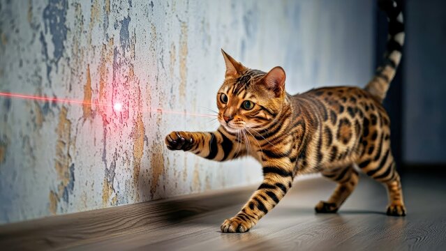 Playful Bengal Cat Hunting a Laser Pointer Dot on a Textured Wall