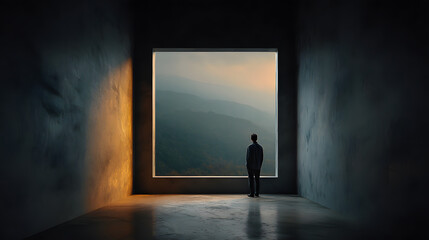 Obraz premium Person standing still near window framed by simple geometry 
