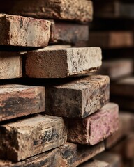 Close-up view of stacked old bricks showcasing texture and colors in a construction setting