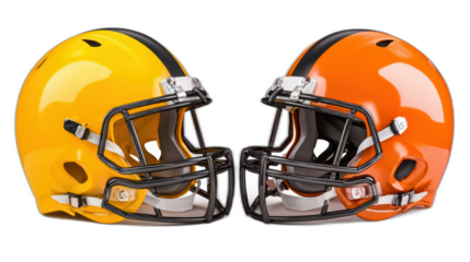 two american football helmets clash concept isolated on white background