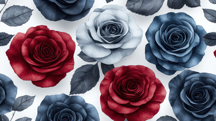 This stunning floral design features vibrant red and blue roses set against a clean white background, perfect for various creative projects or branding needs.