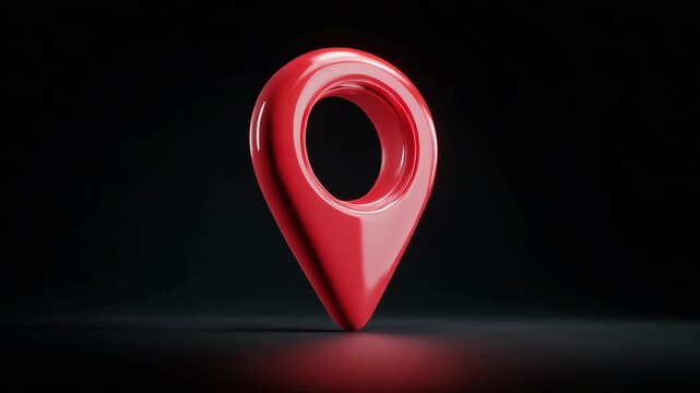 Glossy red location pin icon floating on dark background representing navigation maps geolocation gps destination search place marker and digital mapping concept for modern apps designa