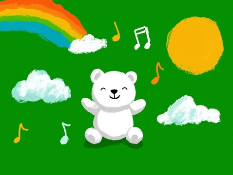 Adorable cartoon illustration with cute bear, sun, rainbow and music notes around, can be used as background for kids web or mobile application