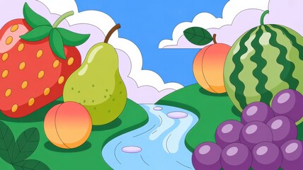 Colorful cartoon fruits and grapes by a winding blue stream under a cloudy sky strawberry pear