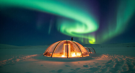 A luxury glass igloo nestled in a vast, untouched arctic tundra under a vibrant, swirling Aurora Borealis (Northern Lights). The interior of the igloo is softly lit with warm amber light, reflecting .