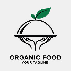 Vector of a minimalist organic food logo, showing hands gently holding a covered dish with a green leaf, symbolizing natural and healthy eating