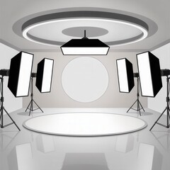 White studio room with four softbox lights and a circular backdrop on the wall