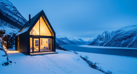  A minimalist dark-wood A-frame cabin perched on a snowy cliffside overlooking a frozen Norwegian fjord. Warm yellow light glows from the large floor-to-ceiling windows. The landscape is bathed in the