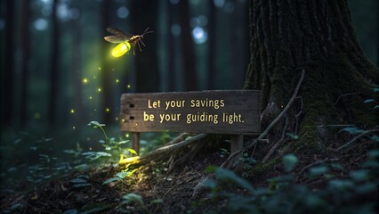 Glowing firefly illuminating a guiding light sign in a forest