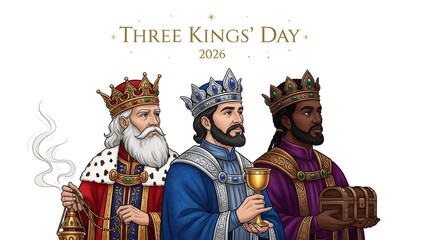 Obraz premium Three kings day illustration featuring three wise men in regal attire