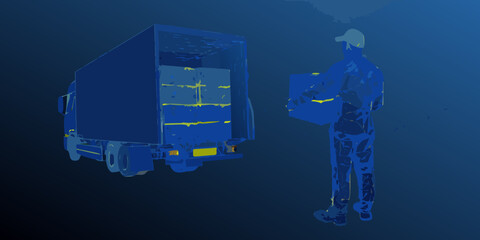 Delivery service illustration featuring a truck and worker in a blue tone
