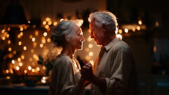 A tender dance shared between two elderly lovers, illuminated by a warm, enchanting glow of fairy lights, celebrating a lifetime of togetherness in a cozy atmosphere.
