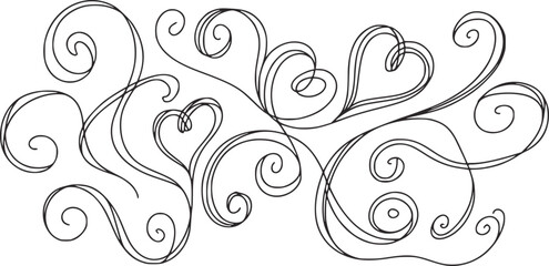 Black and white decorative swirls and hearts line monochrome