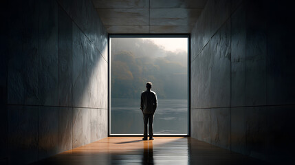 Fototapeta premium Person standing still near window framed by simple geometry 