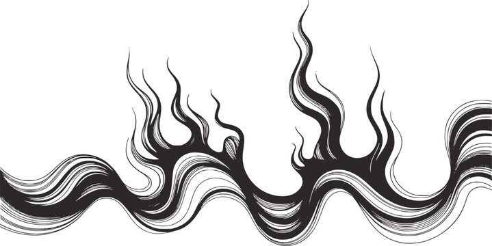 Black ink abstract wavy line with dynamic flames white