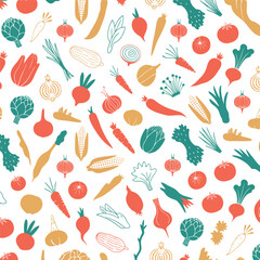 A vibrant vector of fresh organic vegetables and healthy fruits pattern, ideal for culinary, nutrition, and lifestyle designs