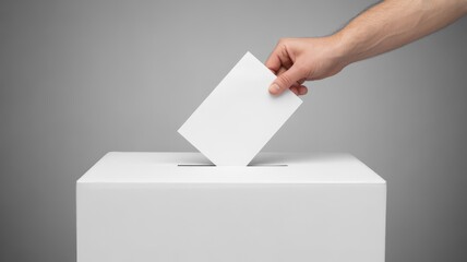 A hand holding a white ballot paper over a white voting box against a gray background